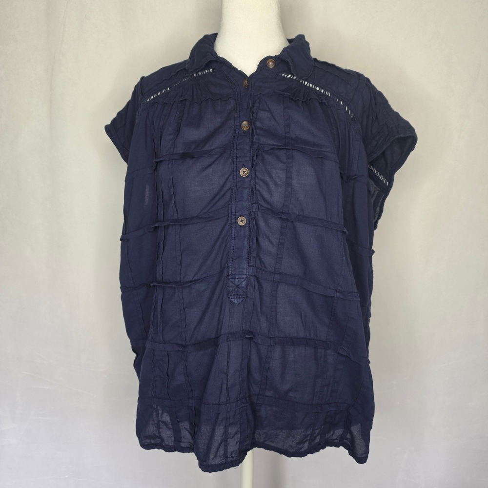 Anthropologie Pilcro Navy Relaxed Fit Cotton Henley Blouse Size Small